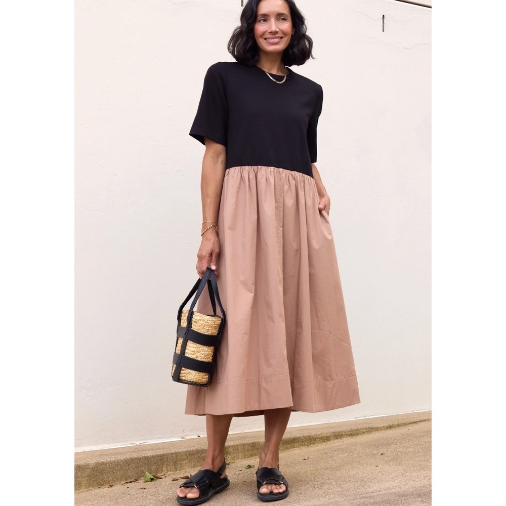 Maye Mimi Jersey Cotton Midi Dress in Black/Camel sz L